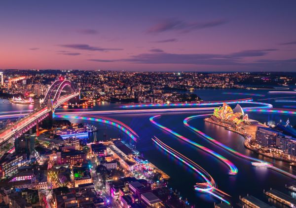Aerial view of Vivid Sydney 2022, Sydney Harbour
