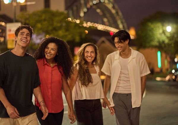 Friends walking through the The Rocks, Sydney