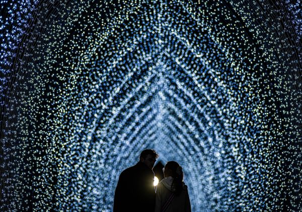 Couple enjoy Lightscape at the Royal Botanic Garden Sydney, Circular Quay