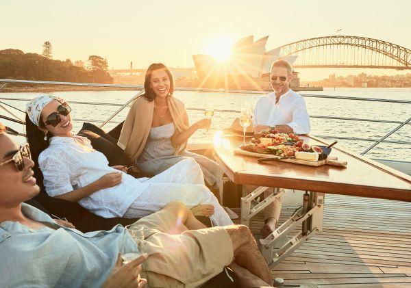 Ghost 2 Super Yacht, Sydney Harbour Friends dining on the Ghost 2 Super Yacht, Sydney Harbour