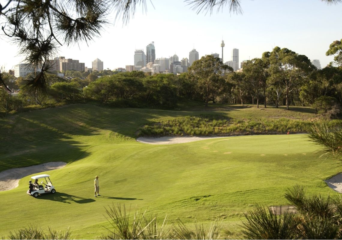 Golfer eyeing the green at Moore Park Golf, Sydney