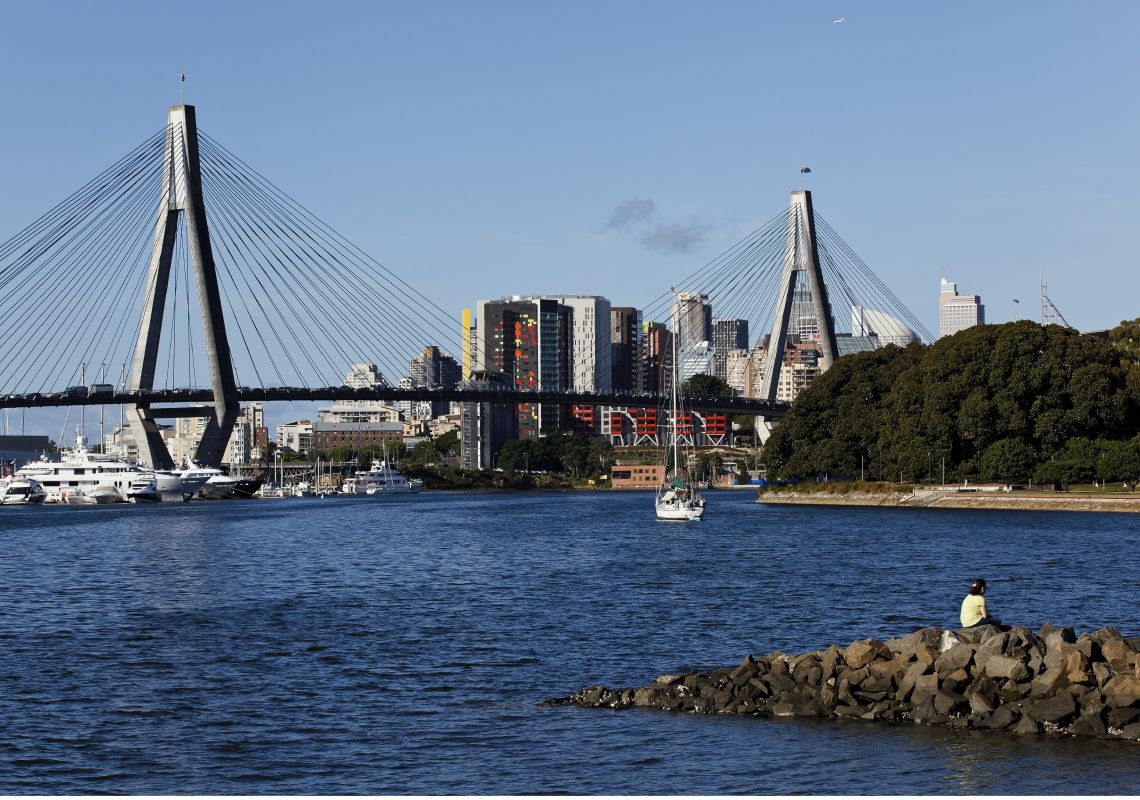 Views across Blackwattle Bay to the CBD and ANZAC Bridge from Glebe Blackwattle Bay, Glebe