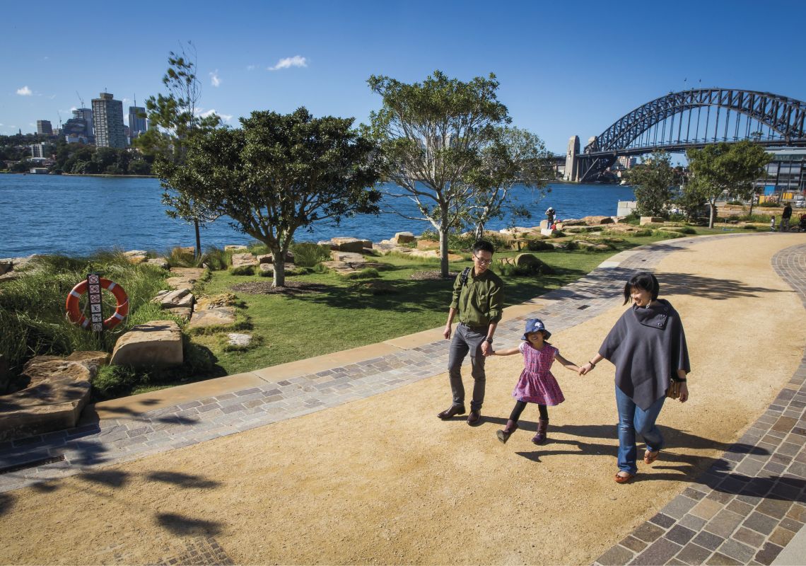 Family enjoying a walk through Barangaroo Reserve in Barangaroo. Barangaroo Reserve, Barangaroo