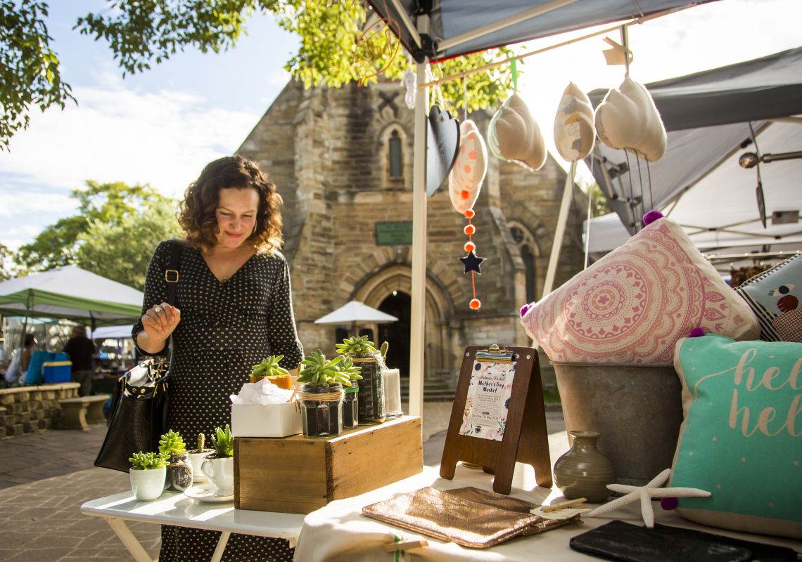 Balmain Markets, Balmain Woman browsing homewares at Balmain Markets, in Balmain