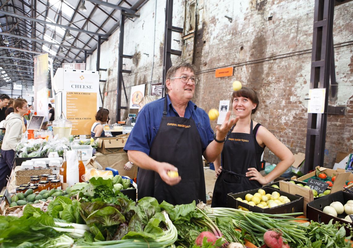 Champions Mountain Organics stall at the Eveleigh Farmers markets in Carriageworks Carriageworks Farmers Markets in Redfern
