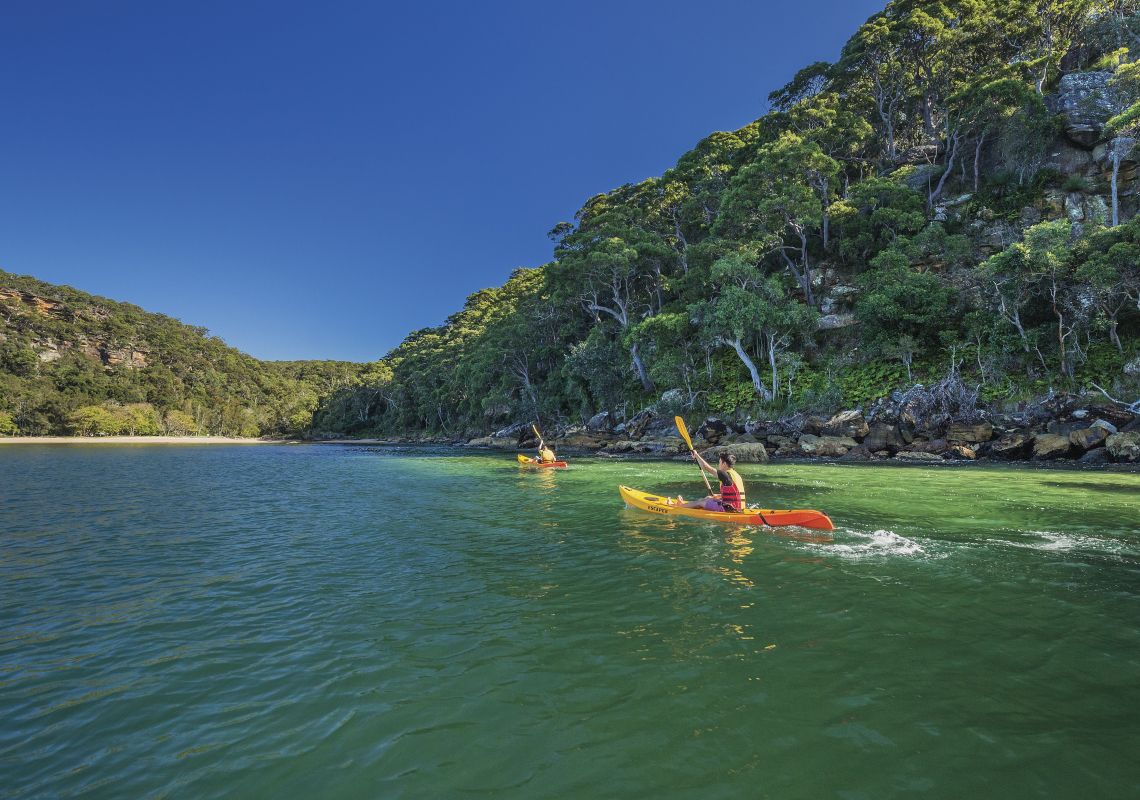 Friends kayaking on Pittwater near Currawong Beach Kayaking, Pittwater