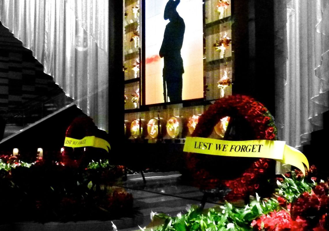 ANZAC Day, Sydney Giant image of a soldier bowing his head, ANZAC Day, Sydney