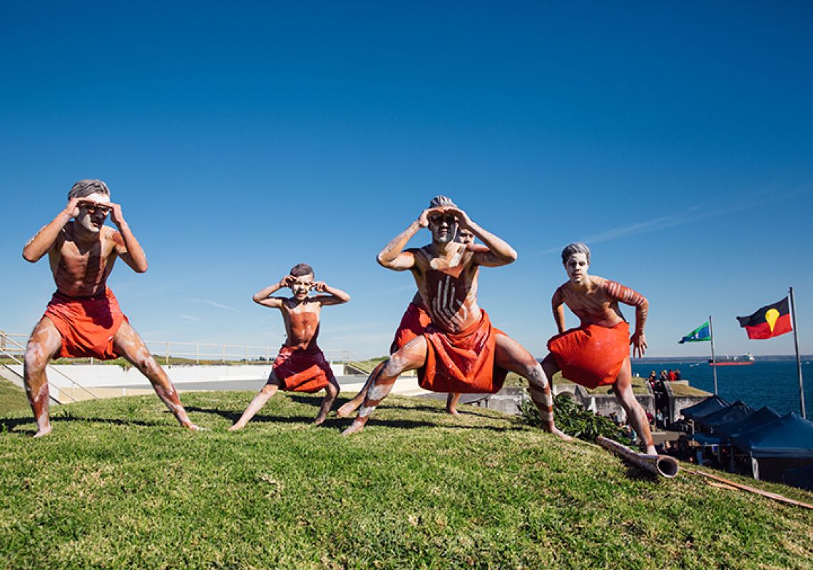 Aboriginal cultural dance and music performance at Blak Markets in Bare Island Blak Markets 2015