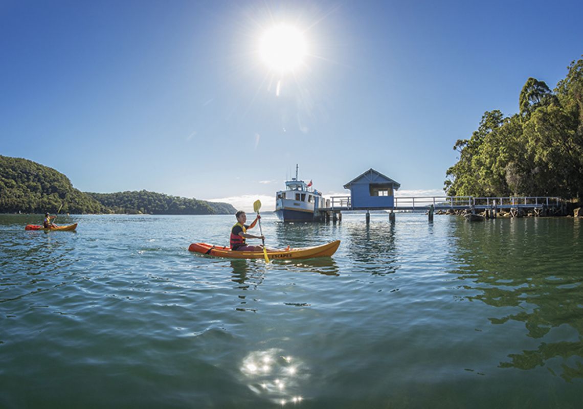 Kayaking, Pittwater Friends kayaking on Pittwater at Bennets Wharf, Coasters Retreat