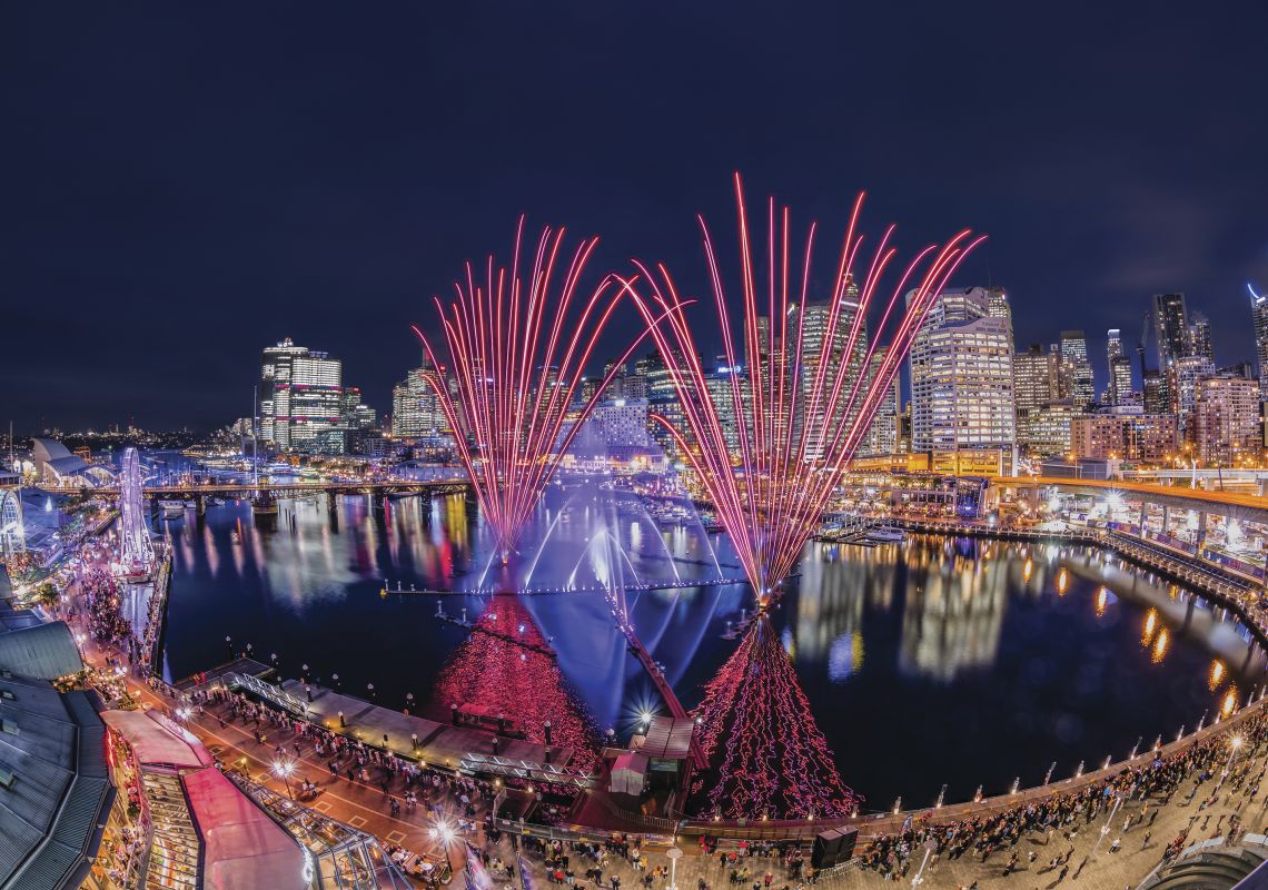 Fireworks during the Magicians of the Mist show illuminating Cockle Bay, Darling Harbour during Vivid Sydney Darling Harbour during Vivid Sydney