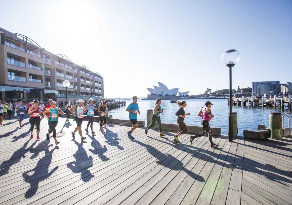 Blackmores Sydney Running Festival, Campbells Cove Participants in the Blackmores Sydney Running Festival passing through Campbells Cove with views of the Sydney Opera House