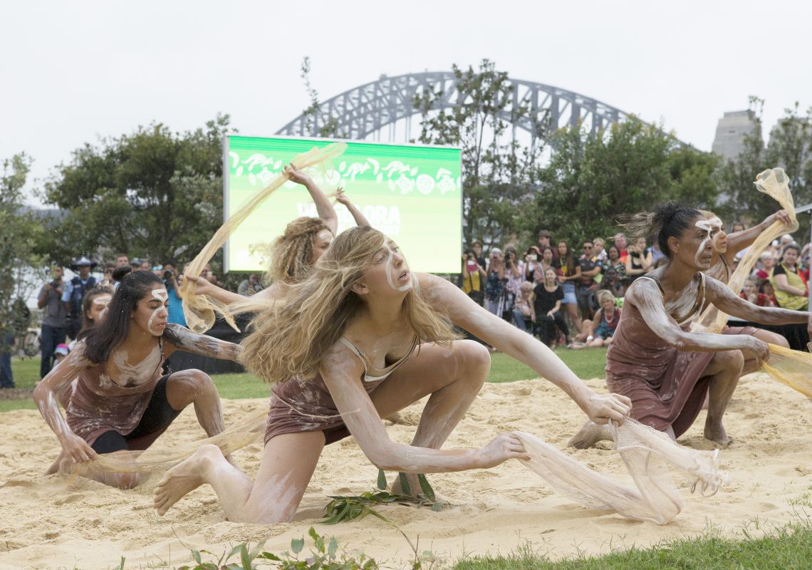 WugulOra Morning Ceremony, Barangaroo Reserve Aboriginal dancers performing at the WugulOra Morning Ceremony, Australia Day