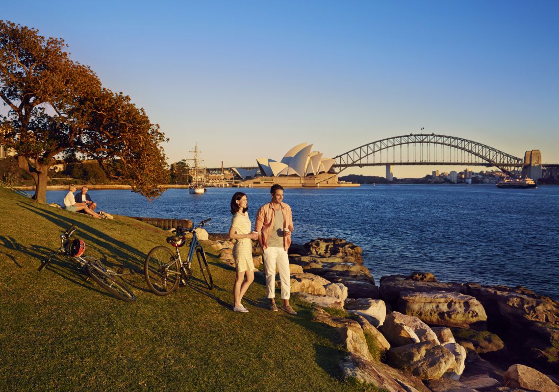 Scenic view from Mrs Macquaries Chair, Sydney A couple out cycling enjoy a scenic view from Mrs Macquaries Chair, Sydney.
