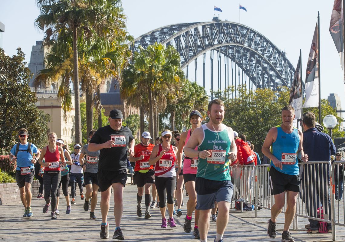 Blackmores Sydney Running Festival, Sydney Participants in the 2017 Blackmores Sydney Running Festival passing through The Rocks with views of the Sydney Harbour Bridge