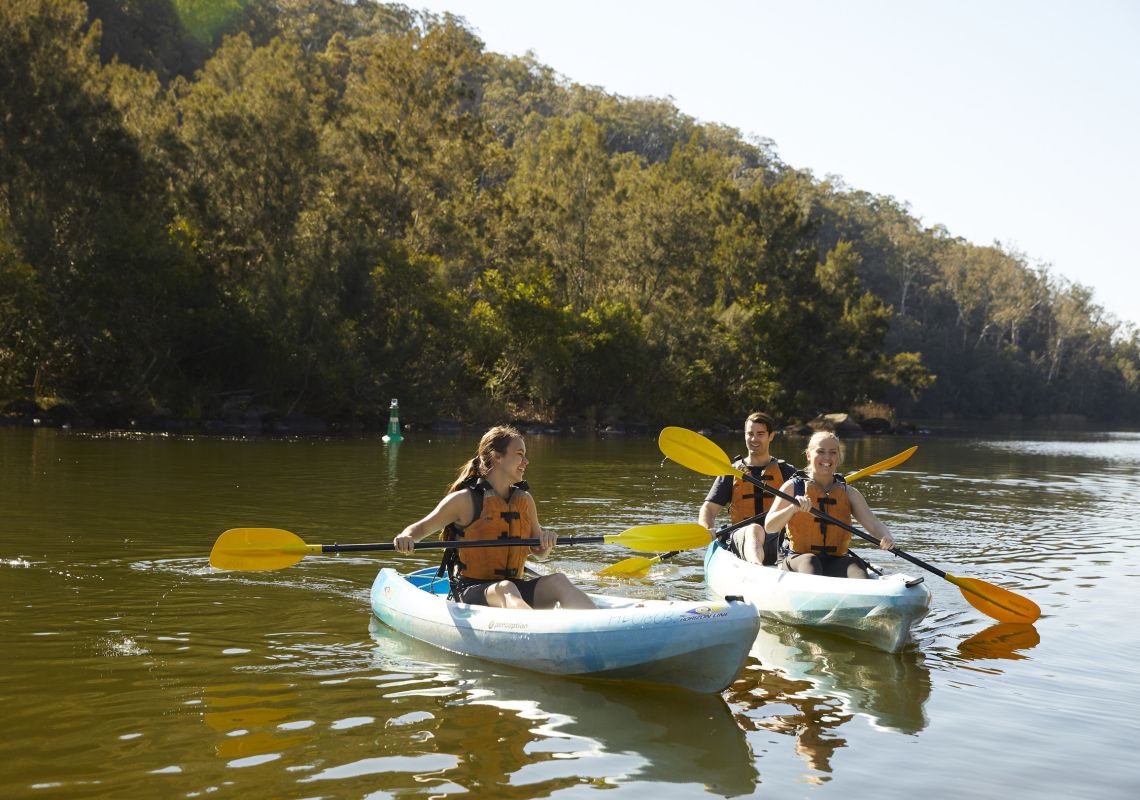 Friends enjoying a day of kayaking on the neapean River, Penrith