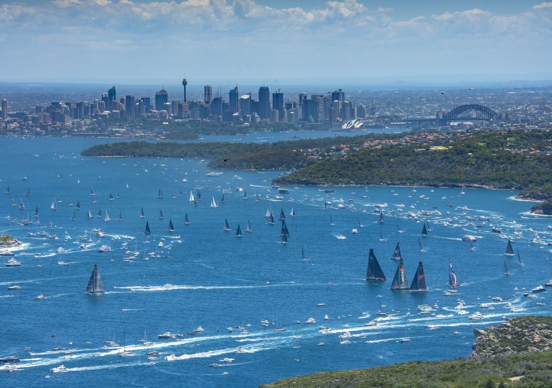 Sydney to Hobart Yacht Race, Sydney Aerial overlooking the start of the 2018 Sydney to Hobart Yacht Race in Sydney Harbour