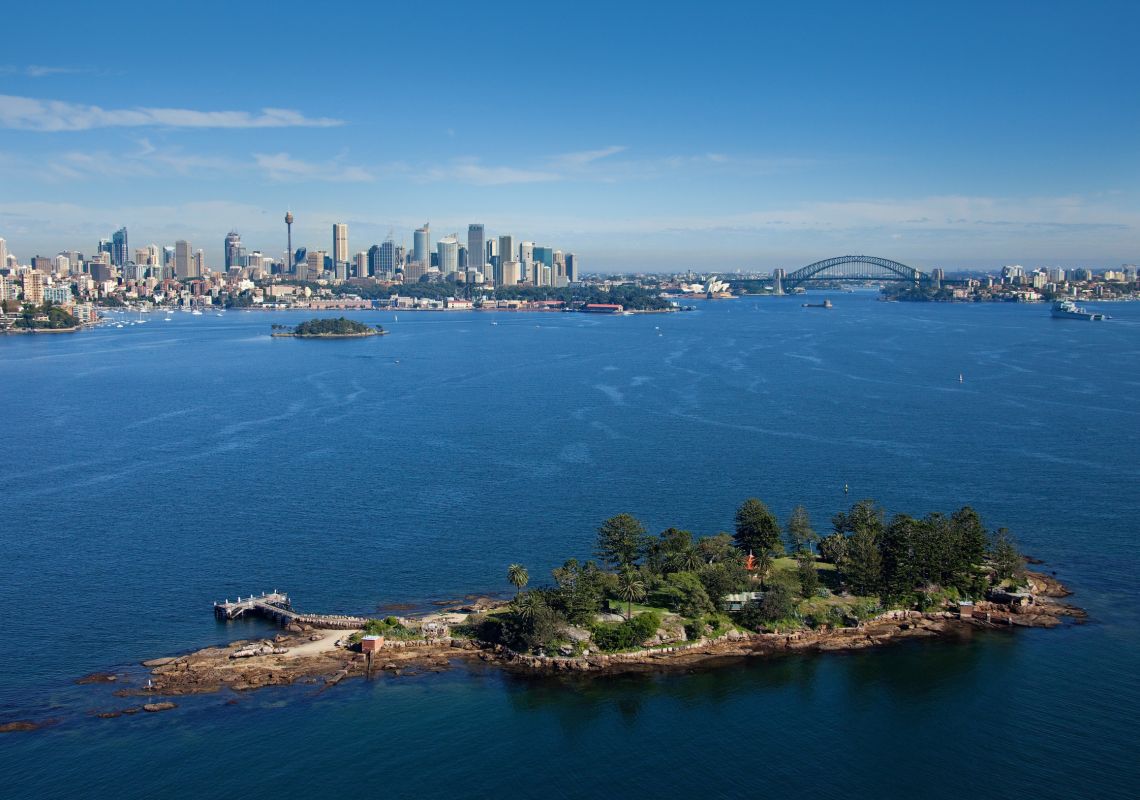Aerial of view of Shark Island on Sydney harbour in the morning in Sydney Harbour, Sydney City