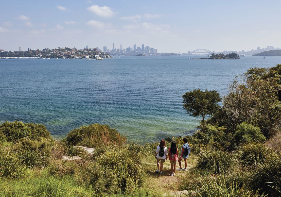 Hermitage Foreshore Track, Vaucluse Friends enjoying scenic harbour views along the Hermitage Foreshore Track in Vaucluse, Sydney East