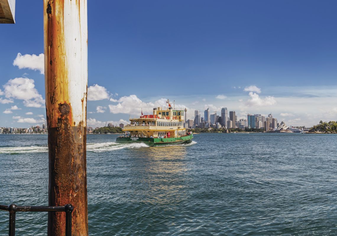 Sydney Harbour in Summer, Sydney The ferry 'Fishburn' leaves Taronga Zoo wharf bound for Circular Quay