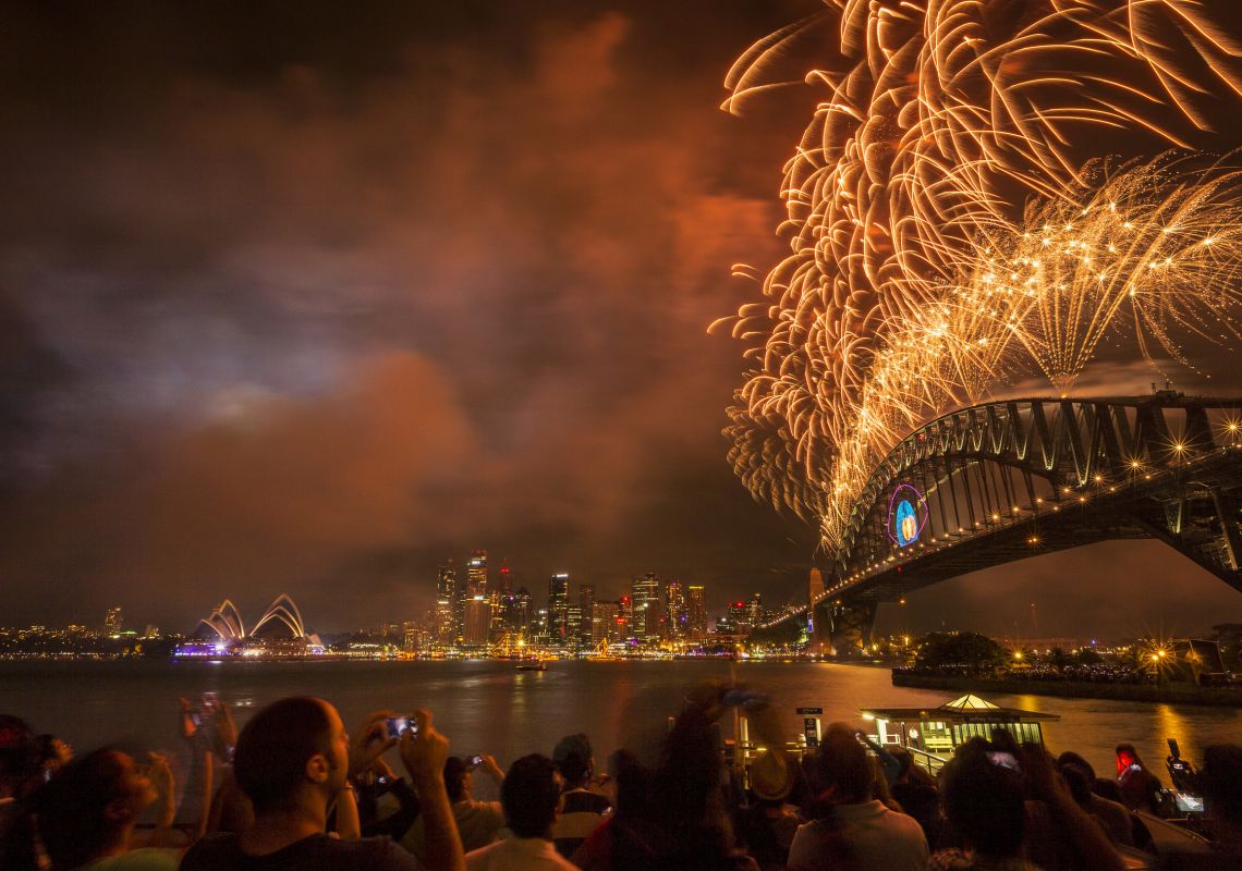 Sydney fireworks, New Year's Eve, Sydney Crowds enjoy Sydney's New Year's Eve fireworks 2013. View from Kirribilli, Sydney City