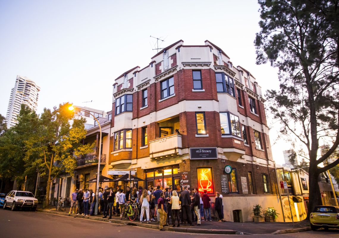 The Old Fitzroy Hotel, Woolloomooloo People crowding outside the popular Old Fitzroy Hotel in Woolloomooloo