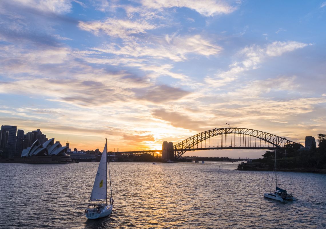 Sailing, Sydney Harbour Sun setting over a sail boat on Sydney Harbour, Sydney City