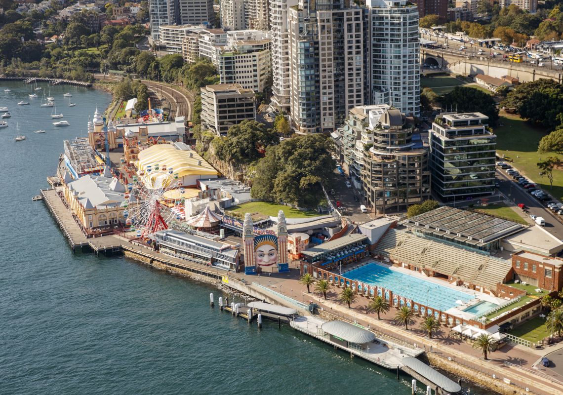 BridgeClimb, Sydney Luna Park and North Sydney Olympic Pool as seen from the Sydney Harbour Bridge.