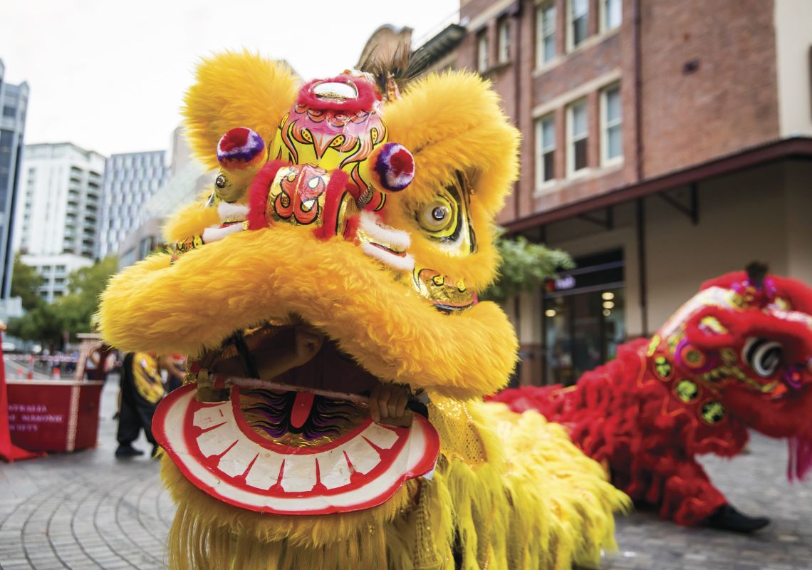 Lion dancer performing, Sydney during Chinese New Year in Chinatown, Sydney City