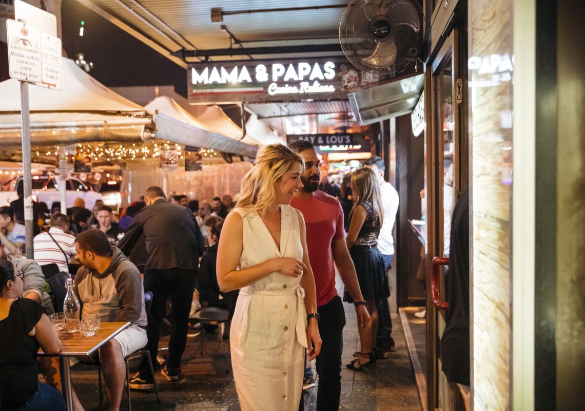 People dining at restaurants along Eat Street dining precinct in Parramatta, Sydney South