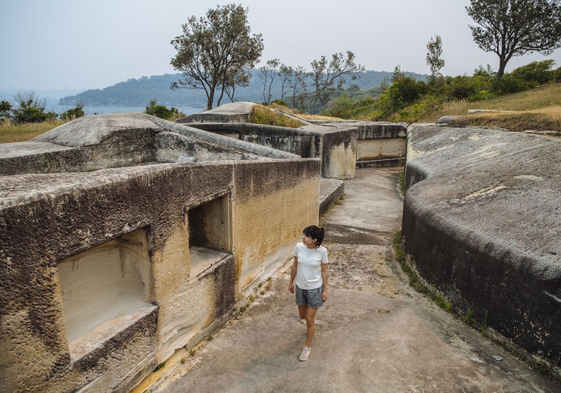 Middle Head, Mosman Woman exploring the historic fort and military relics at Middle Head in Sydney Harbour National Park in Mosman