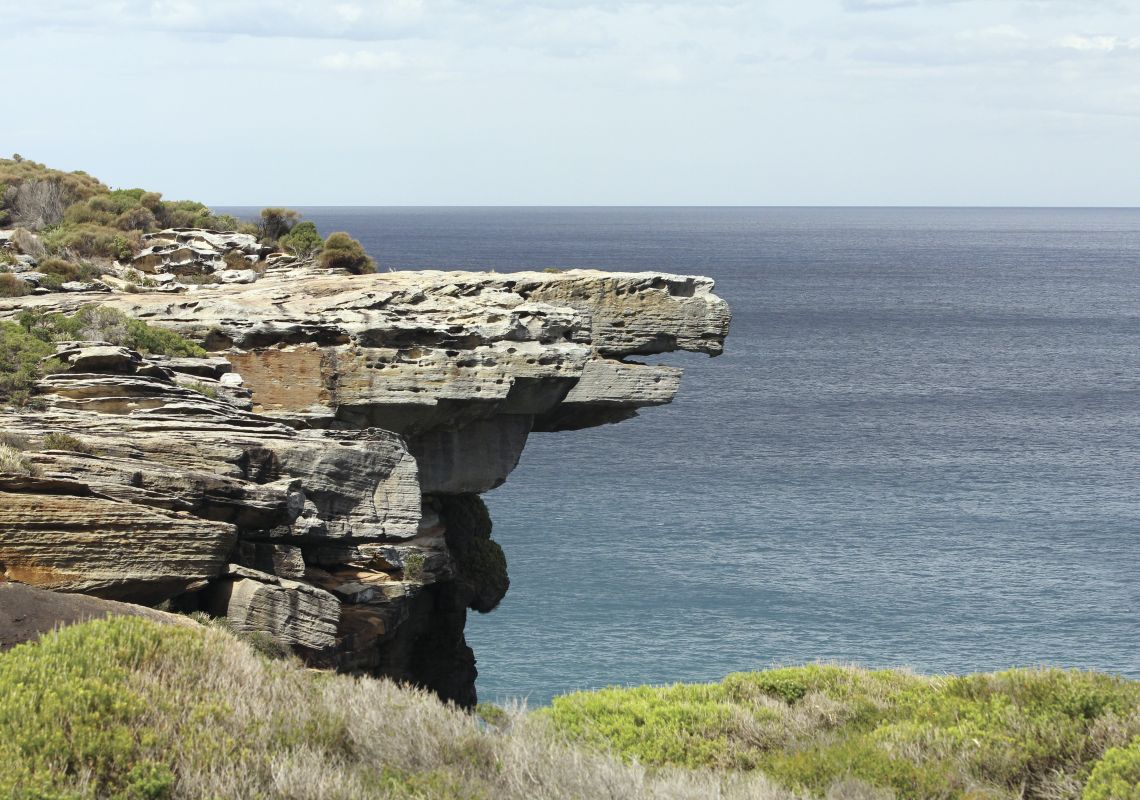 Eagle Rock formation and coastal heathland in Royal National Park, Sydney
