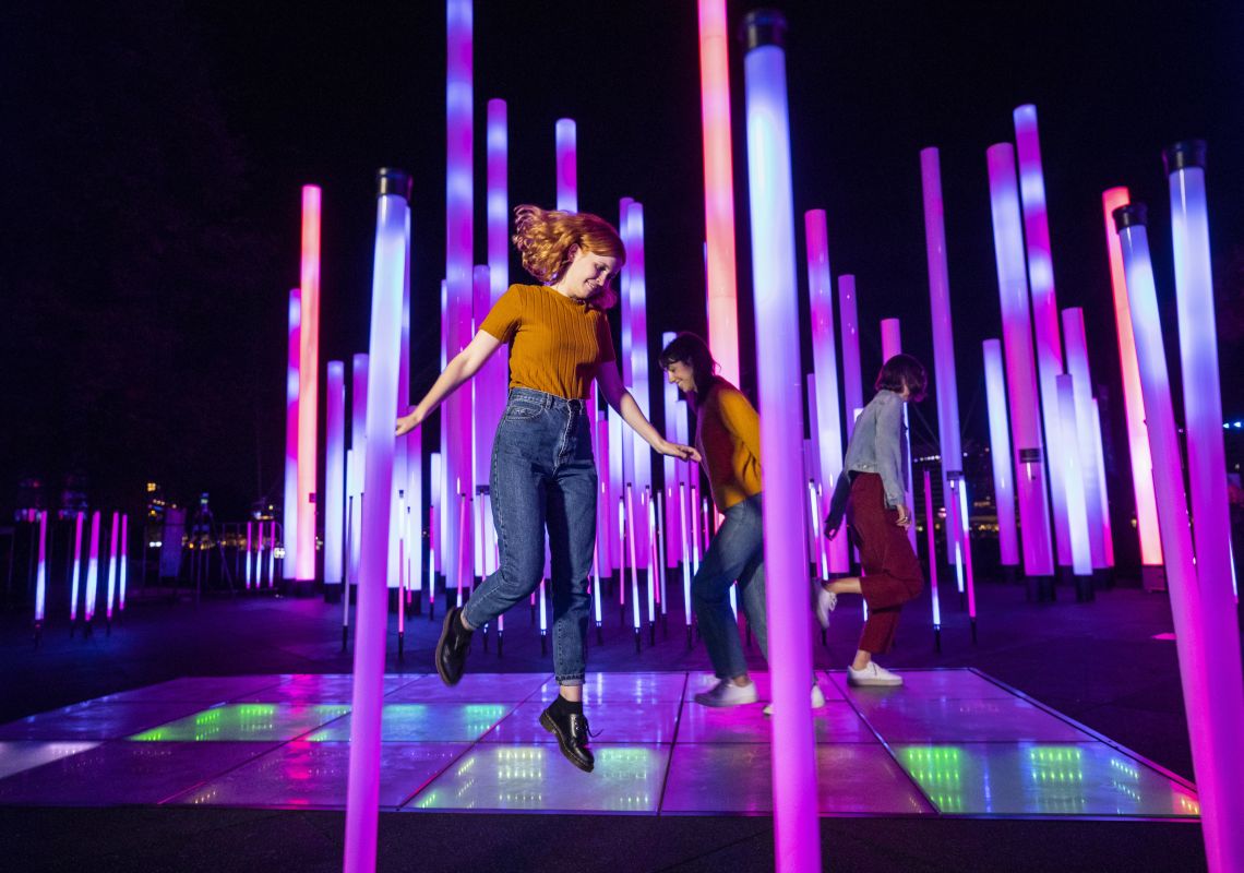  Friends enjoying a visit to Samsung's giant illuminated Electric Playground during Vivid Sydney 2019