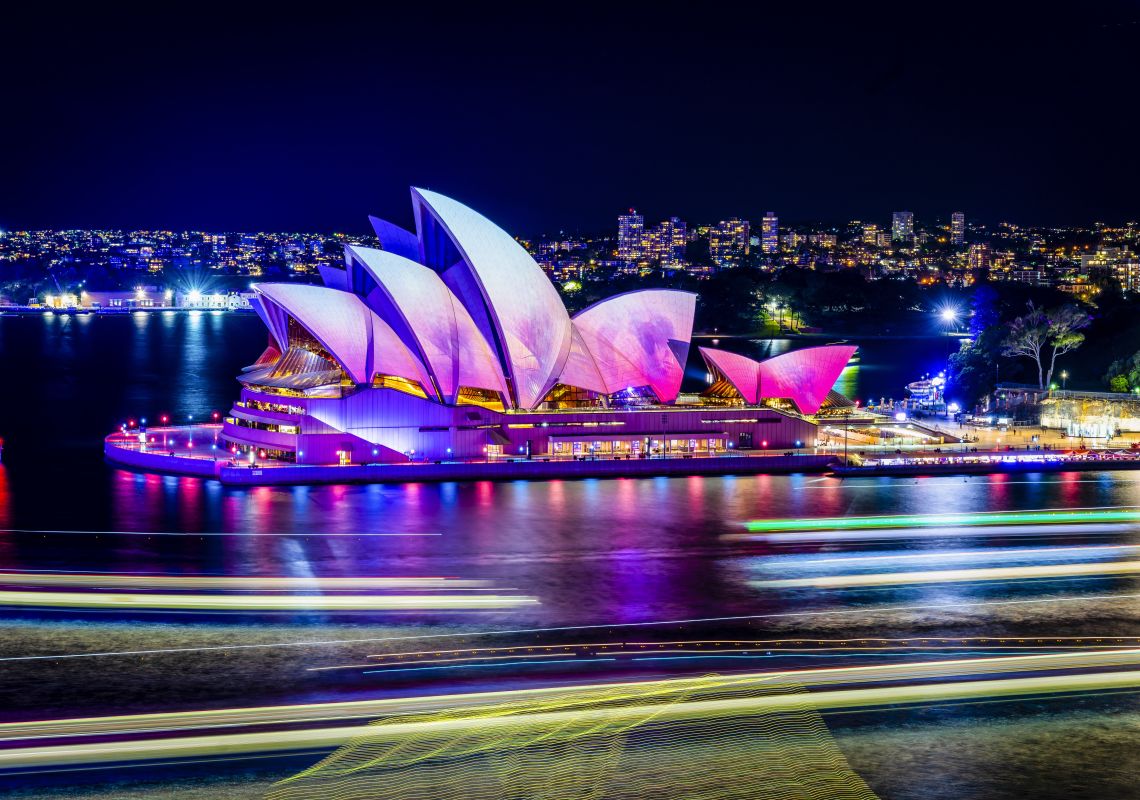 Vivid Sydney 2019 Views of Harbour Lights installations on marine vessels moving across Sydney Harbour during Vivid Sydney 2019