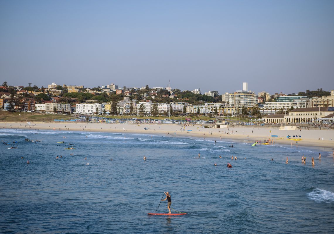 Bondi to Manly Walk, Bondi Beach Beachgoers enjoying a Summer's day at Bond Beach in Bondi, Sydney East