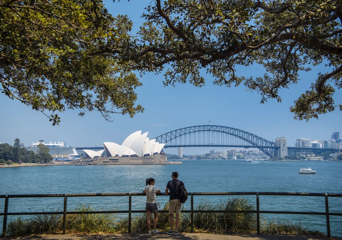 Mrs Macquaries Point, Sydney Harbour Couple enjoying scenic views of Sydney Harbour from Mrs Macquaries Point