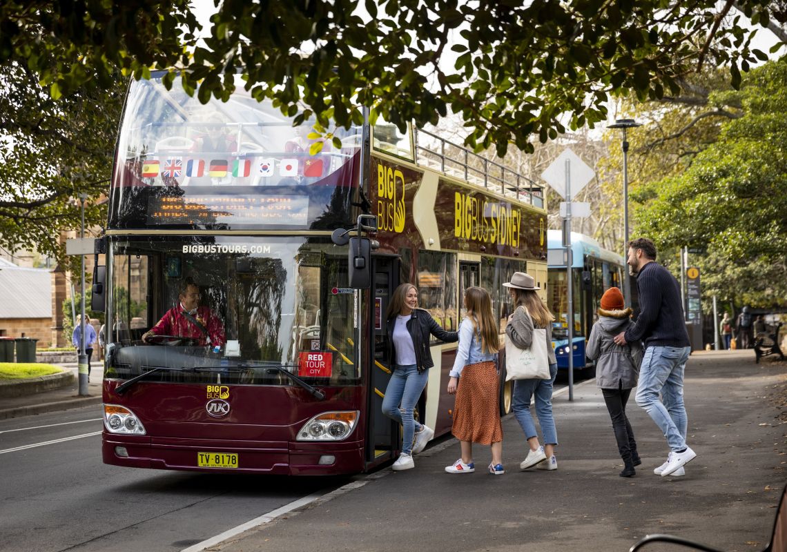 Big Red Bus Tours, Sydney Family boarding the Big Red Bus Tours near The Rocks, Sydney