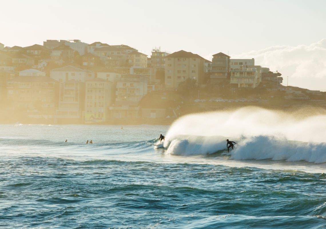 Surfers catching a morning wave at Bondi Beach in Sydney's eastern suburbs