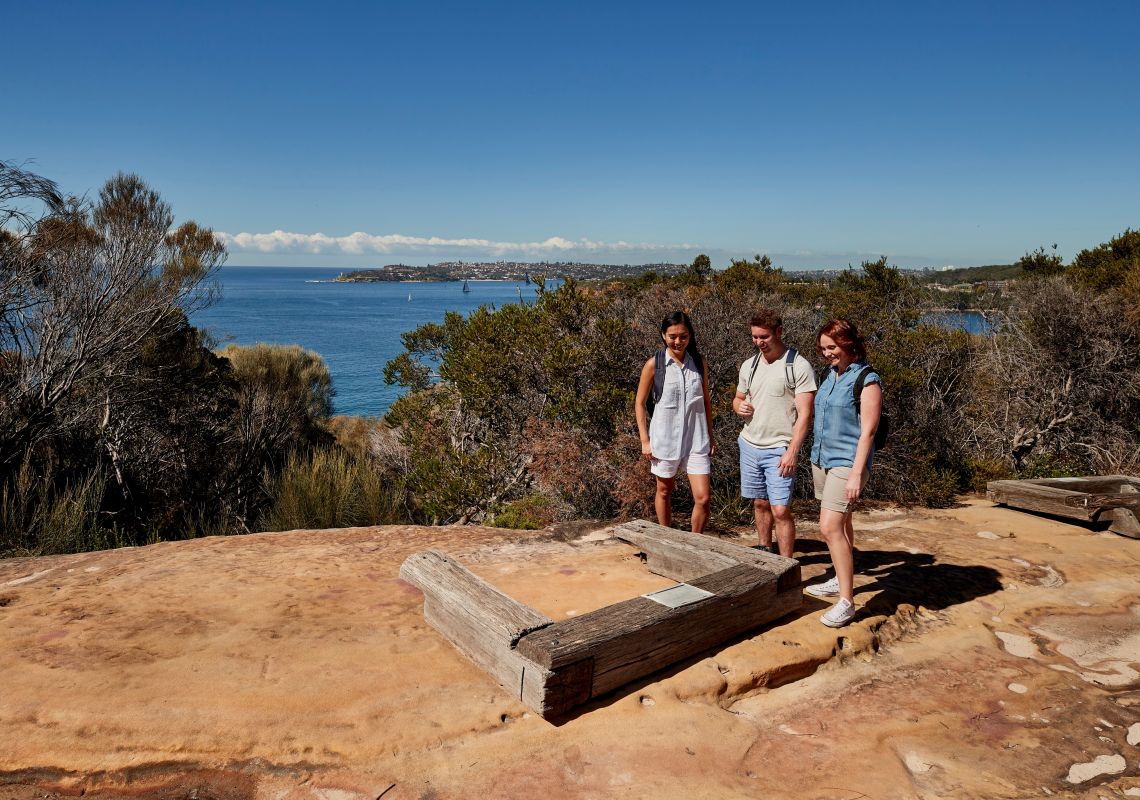 Spit Bridge to Manly Walk, Sydney Friends visiting the Grotto Point Aboriginal engravings along the Spit Bridge to Manly walk