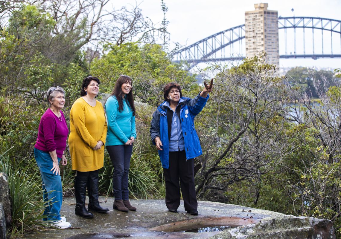 Dreamtime Southern X Tours, Sydney Women enjoying a guided Aboriginal cultural tour with Margret Campbell of Dreamtime Southern X in Sydney
