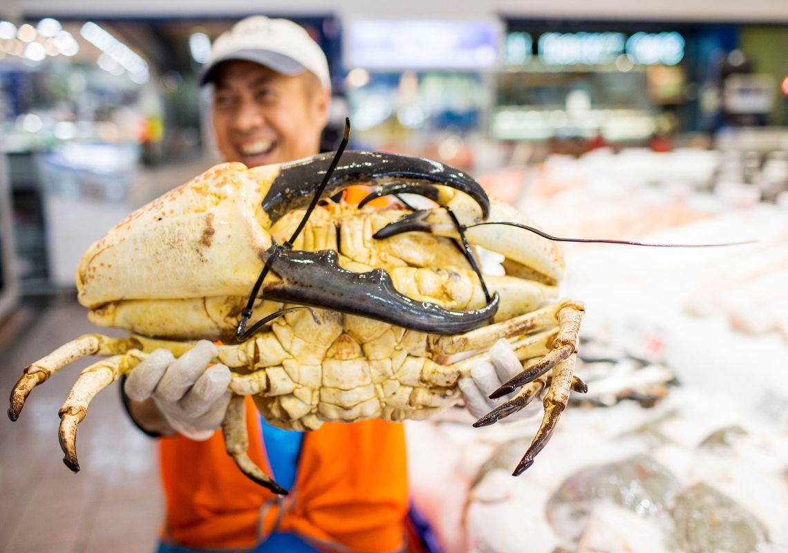 Fishmonger holding a giant King Crab at Sydney Fish Market in Pyrmont, Sydney City