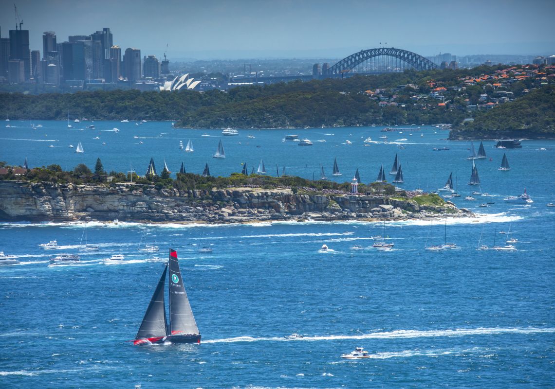 Sydney to Hobart Yacht Race, Sydney Aerial overlooking the start of the 2018 Sydney to Hobart Yacht Race in Sydney Harbour, Sydney