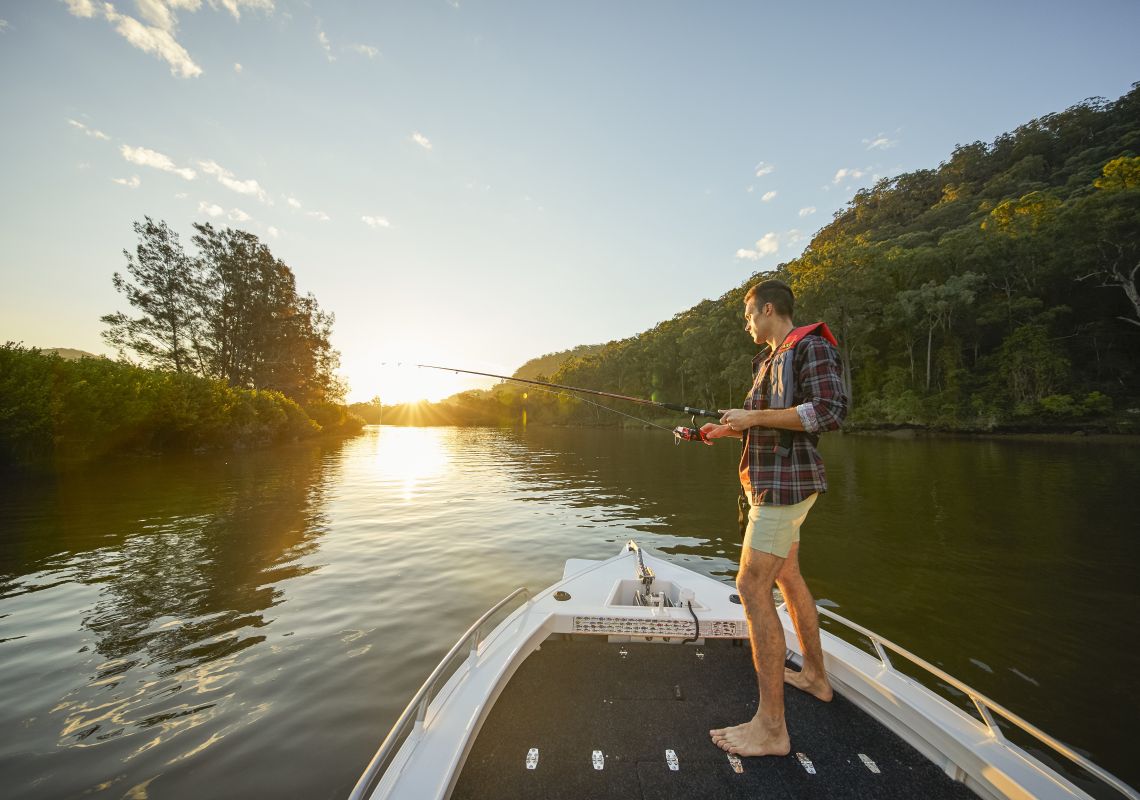 Fishing, Wisemans Ferry Man enjoying an afternoon of fishing on the Hawkesbury River, Wisemans Ferry