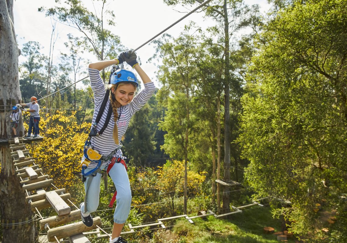 Trees Adventure, Yarramundi Girl enjoying a day on the ropes course with her family at Trees Adventure, Yarramundi