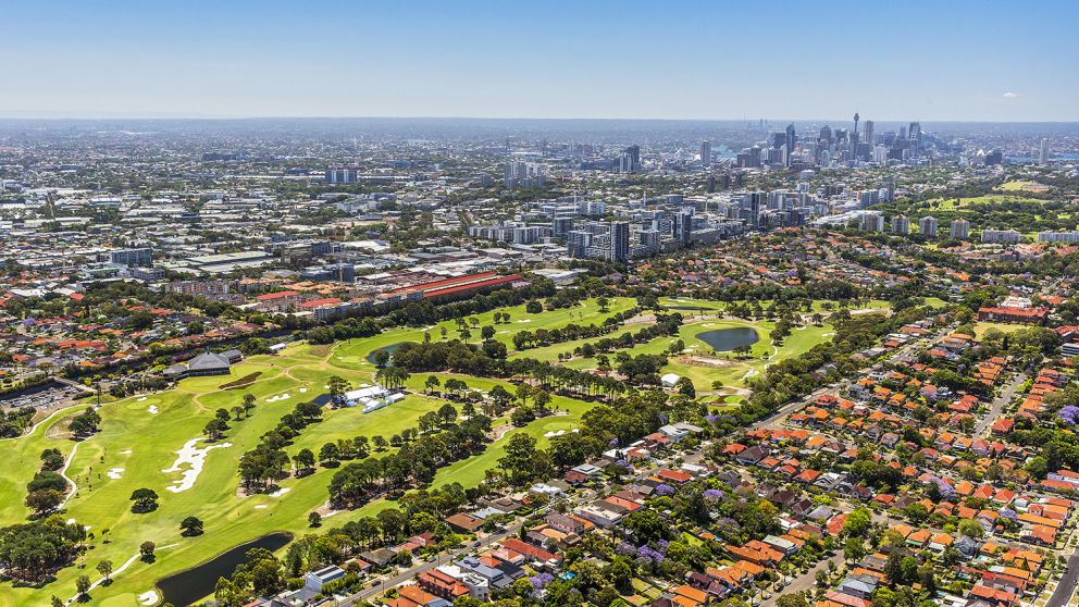 Aerial view of The Australian Golf Club looking out towards the CBD 