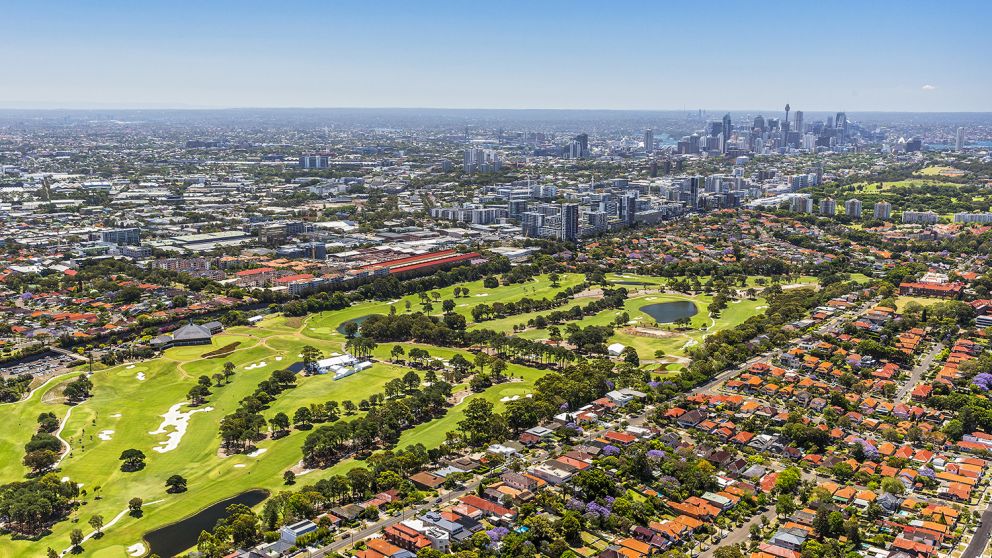 Aerial view of The Australian Golf Club looking out towards the CBD