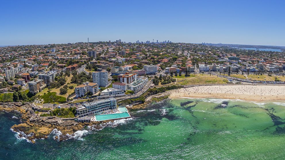 Aerial of Bondi beach and Bondi Icebergs pool, Sydney