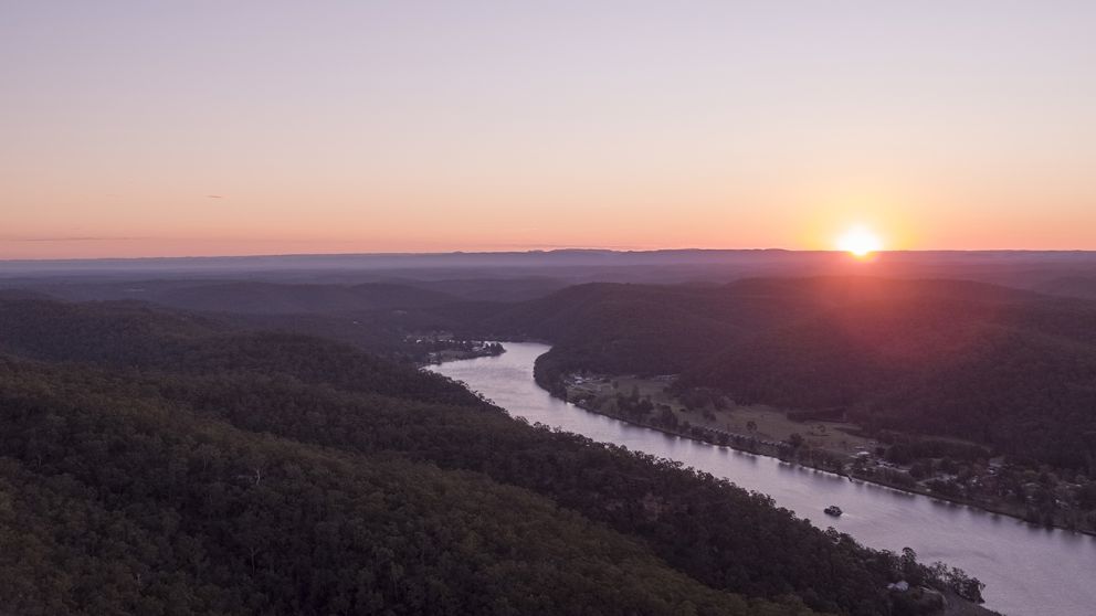Scenic sunset views overlooking the Hawkesbury River from Hawkins Lookout, Wisemans Ferry