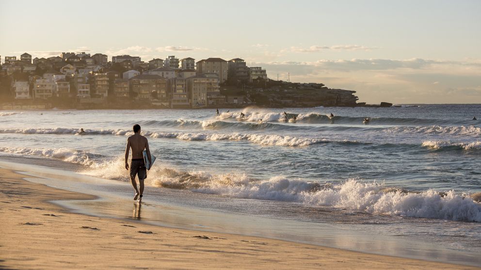 Surfer heading for a morning surf at Bondi Beach, Sydney East