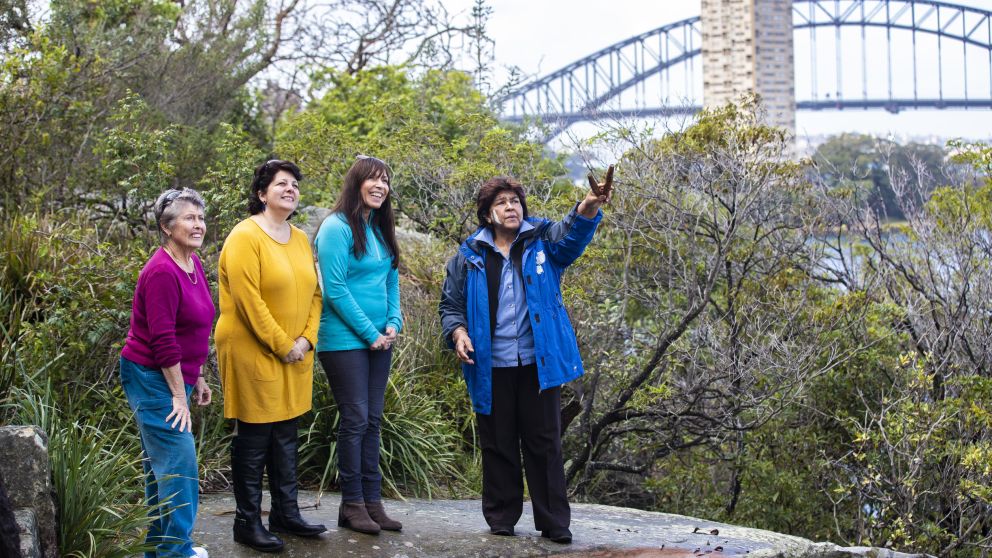 Women enjoying a guided Aboriginal cultural tour with Margret Campbell of Dreamtime Southern X in Sydney