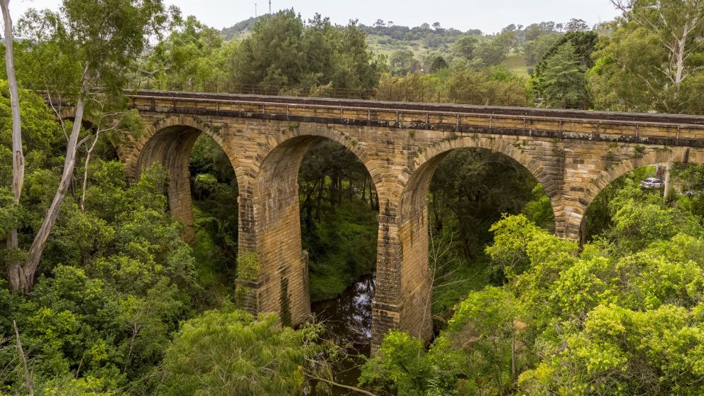 Aerial overlooking the Picton Railway Viaduct, Sydney west 